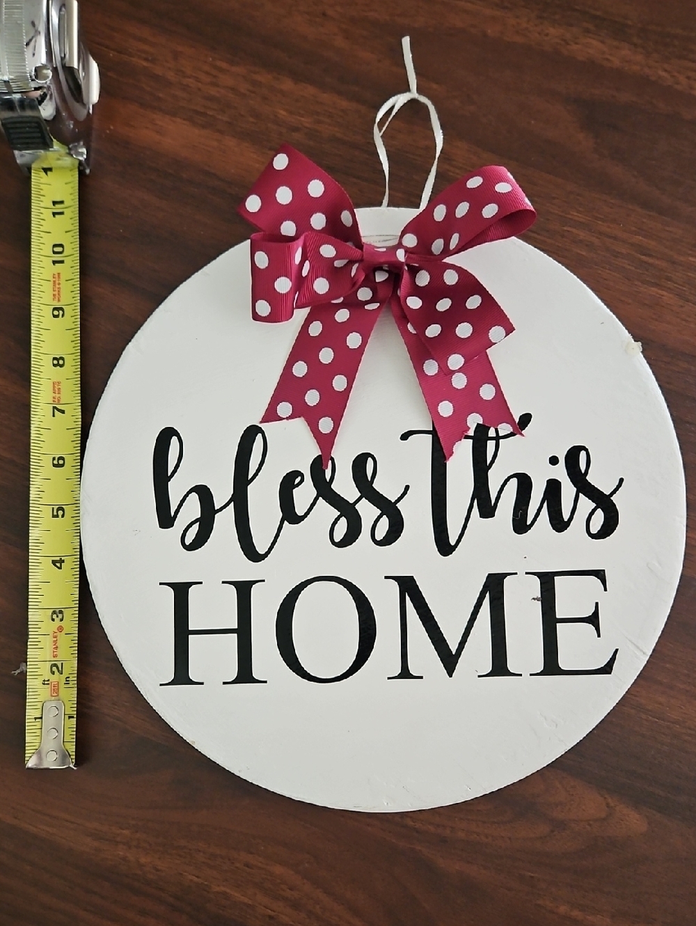 Bless This Home Round Wall Sign with Polka Dot Bow - White & Red